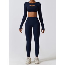 Yuna Sport Kadın 2'li Parmak Geçmeli Uzun Kollu ve Arkası Büzgülü Spor Tayt Spor Takımı (Bra Dahil Değildir.)