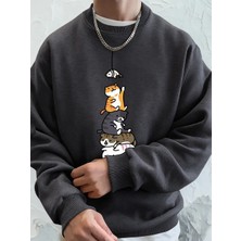 Balık Yakalayan Kediler Baskılı Erkek Kazak Kış Bisiklet Yaka Kapüşonlular Sokak Polar Sıcak