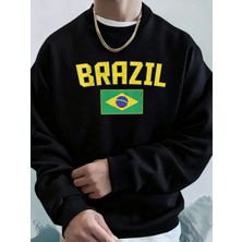 Brezilya Harf ve Bayrak Baskılı Erkek Cepli Sokak Giyimi Sokak Stili Basit Kapüşonlu Sweatshi