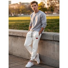 Belden Bağlamalı Beyaz Ribanalı Sweat Pantolon