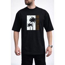 Caddekombin Erkek Palmiye Silüetli Surfing Co Yazı Baskılı Bisiklet Yaka Siyah T-Shirt