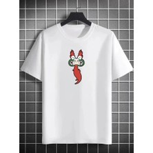 ModaSize Unisex Bisiklet Yaka Baskılı Oversize T-Shirt - Beyaz