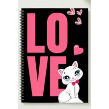 Black-One Sevgililer Günü (Love Cat Temalı ) A5 Metal Spiralli Çizgisiz Kalın Bristol Kapak Love Temalı