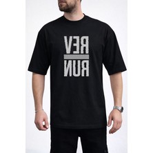 Caddekombin Erkek Run Yazı Baskılı Dalgalı Harf Tasarımlı Bisiklet Yaka Siyah T-Shirt