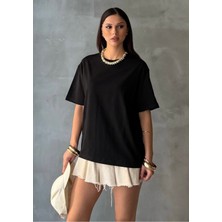 Bejna Kadın Bisiklet Yaka Oversize %100 Pamuklu Basic T-Shirt