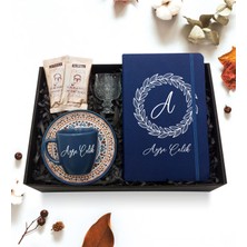 As Gift Kişiye Özel Mavi Defter & Mavi Fincan & Kahve Yanı Cam Su Bardağı & Türk Kahvesi Hediye Seti