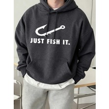 Just Fish It Balık Kancası Desenli Baskılı Erkek Kapüşonlu Sweatshirt Moda Polar Sıcak Kazak