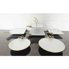 Atabey Home Porselen 5 Parça Sunumluk & Kurabiyelik & Ayaklı Sunum Tabak Set Papatya Siyah Dökümlü