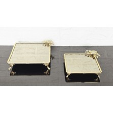 Atabey Home Bronz Cam Ikili Kare Servis Tabağı 4 Ayak-Sunumluk-Söz Tepsisi-Sunum Tepsisi-Döküm Gold Çerçeve