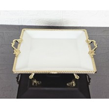 Atabey Home Porselen Büyük Sade Kare Servis Tabağı-Sunumluk Döküm Gold Çerçeve ve Küçük 4 Ayaklı 27CM