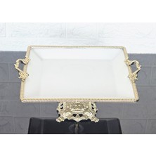 Atabey Home Porselen Büyük Sade Kare Servis Tabağı-Sunumluk Döküm Gold Çerçeve ve Ayaklı 27CM