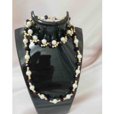 Shine Elagance Inci Aralarda Altın Rengi Boncuk Mor Kristal Boncuk Kapamaları Altın Rengi Çelik Kadın Kolye ve Bileklik Sevgililer Günü Hediyesi