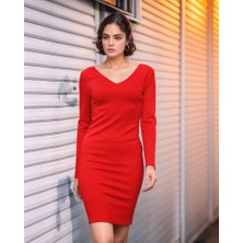 Nova Epoxy Art Kadın Uzun Kollu V Yaka Sırt Dekolteli Scuba Dalgıç Kumaş Mini Elbise