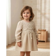 Danuna Kids Kız Çocuk Bebek Önü Dantel Işlemeli Uzun Kollu Pamuk ve Tül Astarlı  Pamuklu Müslin Vintage Elbise Bej -Sütlükahve