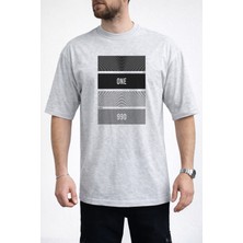 Caddekombin Erkek One Yazılı Konsantrik Çizgi Detaylı Bisiklet Yaka Gri T-Shirt