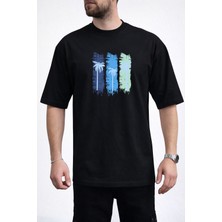 Caddekombin Erkek Üç Blok Palmiye Baskılı Bisiklet Yaka Siyah T-Shirt