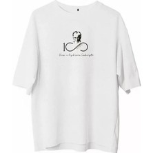 ModaSize Unisex Bisiklet Yaka Baskılı Oversize T-Shirt - Beyaz