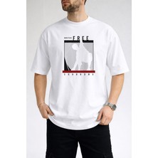 Caddekombin Erkek Born To Be Free Yazı Baskılı Bisiklet Yaka Beyaz T-Shirt