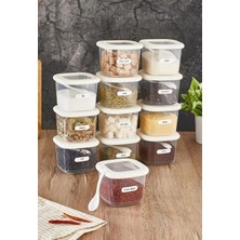 Hype Store Vienev Vienev Foly 12'li Set Küçük Boy 0,55 Litre Etiketli Kaşıklı Kare Erzak Saklama Kabı Beyaz