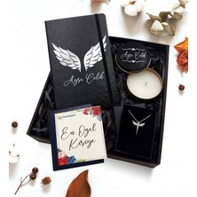 As Gift Kişiye Özel Siyah Defter & Gold Detaylı Siyah Mum & Gümüş Kaplama Melek Kolye Hediye Seti