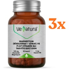  venatura magnezyum bisglisinat sitrat ve p-5-p vitamin b6 60 kapsül - 3 adet (toplam 180 kapsül) - dezenfektan hediyeli (%72 alkol)