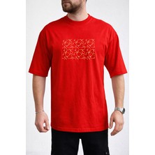 Caddekombin Erkek Soyut Çizgisel Tasarımlı Bisiklet Yaka Kırmızı T-Shirt