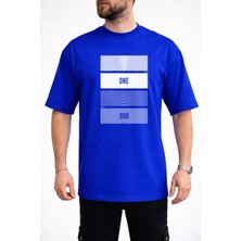 Caddekombin Erkek One Yazılı Konsantrik Çizgi Detaylı Bisiklet Yaka Saks Mavi T-Shirt