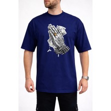 Caddekombin Erkek Vortex Desenli Push Yazı Baskılı Bisiklet Yaka Lacivert T-Shirt