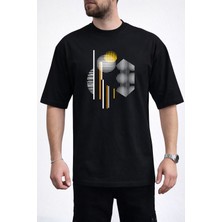 Caddekombin Erkek Geometrik Kavisli Çizgi Baskılı Bisiklet Yaka Siyah T-Shirt