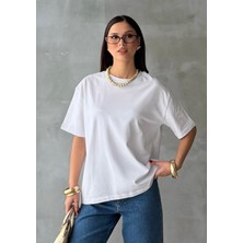 Bejna Kadın Bisiklet Yaka Oversize %100 Pamuklu Basic T-Shirt