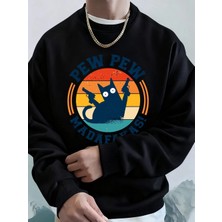Madafakas Çift Silahlı Kedi Baskılı Erkek Kapüşonlu Üstü Sonbahar Polar Sıcak Sweatshirt Günl