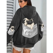 Cep Pug Kapüşonlu Üstleri Kadınlar Karikatür Köpek Baskılı Büyük Beden Cepli Kapüşonlu Üst Kı