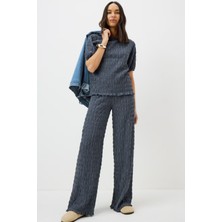 Lupinn Kadın Antrasit Dokulu Takım Kısa Kollu Bluz Bol Paça Pantolon Şık Casual Takım - Kadın Takım