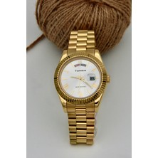 Tomris Tomrıs Tamamen Çelik, Su Geçirmez, Sarı Beyaz Kordon, Krem Kadran Erkek Kol Saati