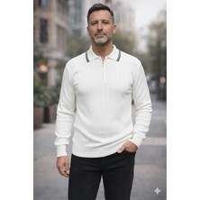 Bigümex Erkek Çizgili Polo Yaka Fermuarlı Sweatshirt
