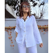 Denizege Butik Müslin Hakim Yaka Gömlek Beyaz