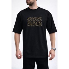 Caddekombin Erkek Soyut Çizgisel Tasarımlı Bisiklet Yaka Siyah T-Shirt