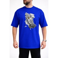 Caddekombin Erkek Dövmeli El ve Dolar Fotoğraf Baskılı Bisiklet Yaka Saks Mavi T-Shirt