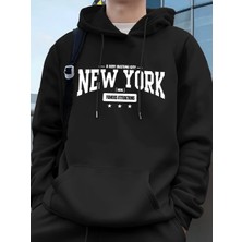 New York Bustling City Baskılı Erkek Tişörtü Kışlık Oversize Kapüşonlu Üst Spor Cepli Polar S