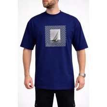 Caddekombin Erkek Modern Grafik Yelkenli Bisiklet Yaka Lacivert T-Shirt