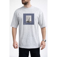 Caddekombin Erkek Modern Grafik Yelkenli Bisiklet Yaka Gri T-Shirt
