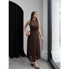 Esra Helvacı Sıfır Kol Bel Drape Güpür Elbise