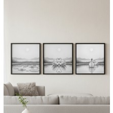 Safir Design Siyah Beyaz Kuğu Figürlü 3 Parça Çerçeveli Tablo Seti, Modern Salon Duvarı Için 3'lü Göl Manzaralı Çerçeveli Tablo