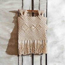 Lal Dizayn Makrome Çanta – Ahşap Saplı – Saçaklı – Bohem El Yapımı Kadın El & Omuz Çantası