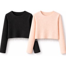 Mini Kanka Kız Çocuk Fitilli Uzun Kollu Crop Bluz 2li – Zincir Detaylı