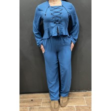 Aslami Tekstil Bej %95 Pamuk Müslin Dokulu Bağcık Detaylı Kadın Ikili Takım - Tesettür Uyumlu Salaş Alt Üst Set