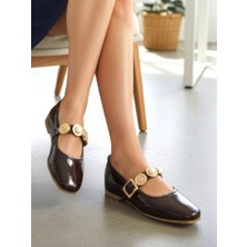 Ellaboni Kadın Mary Jane Parlak Rugan Babet Şık Tuğra Tokalı Ortopedik Taban Günlük Ev Ofis Ayakkabısı Babet