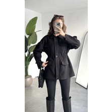 Asfa Moda Kadın Siyah Kaşe Ceket Kaban Oversize Kısa Mont Beli Büzgülü Düğmeli Cepli Kışlık