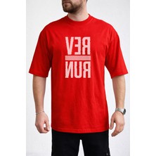 Caddekombin Erkek Run Yazı Baskılı Dalgalı Harf Tasarımlı Bisiklet Yaka Kırmızı T-Shirt