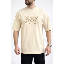 Caddekombin Erkek Soyut Çizgisel Tasarımlı Bisiklet Yaka Bej T-Shirt